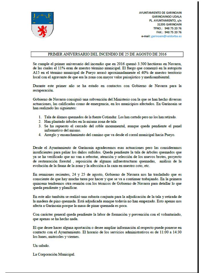 Foto noticia - COMUNICADO PRIMER ANIVERSARIO DEL INCENDIO 2016